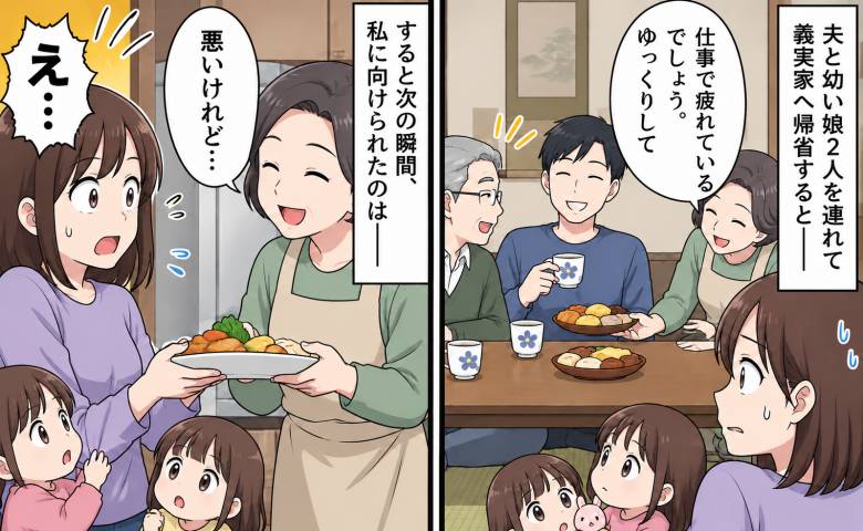 帰省した直後、夫との扱いの違いに困惑する女性のイメージ