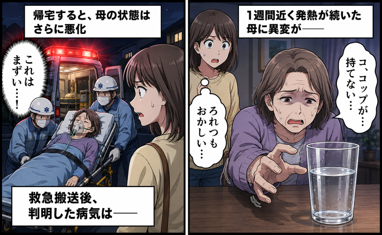 母の状態の急変に動揺する女性のイメージ